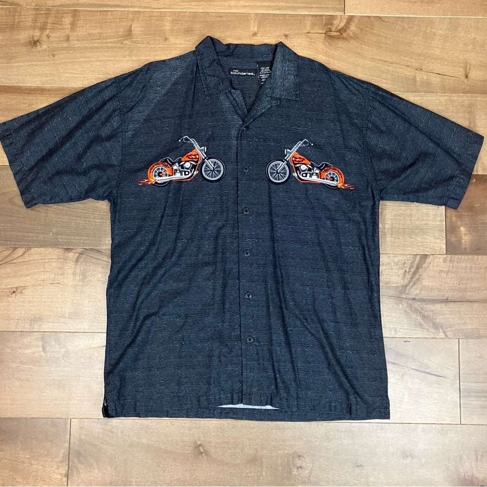 VTG No Boundaries Men’s Size L Harley Hog Motorcycle Gray Black Button Up Shirt
